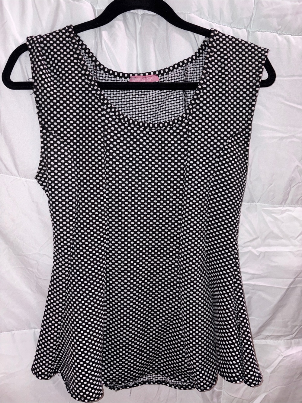 Black and White Polka Dot Sleeveless Flare Peplum Blouse